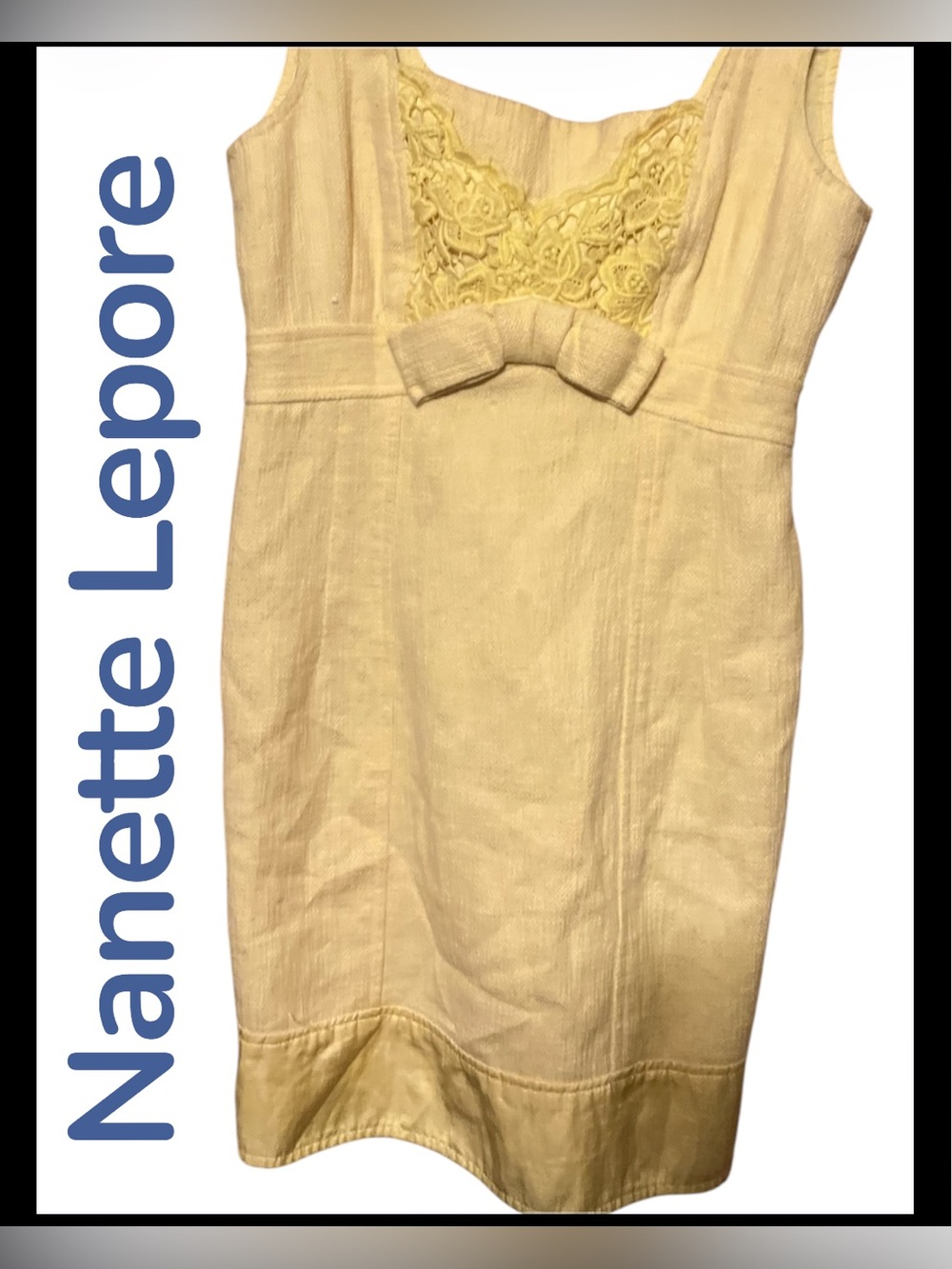 Y2K  Preppy yellows Nanette Lepore Pale Yellow Lace-Trim Bow Sheath Dress